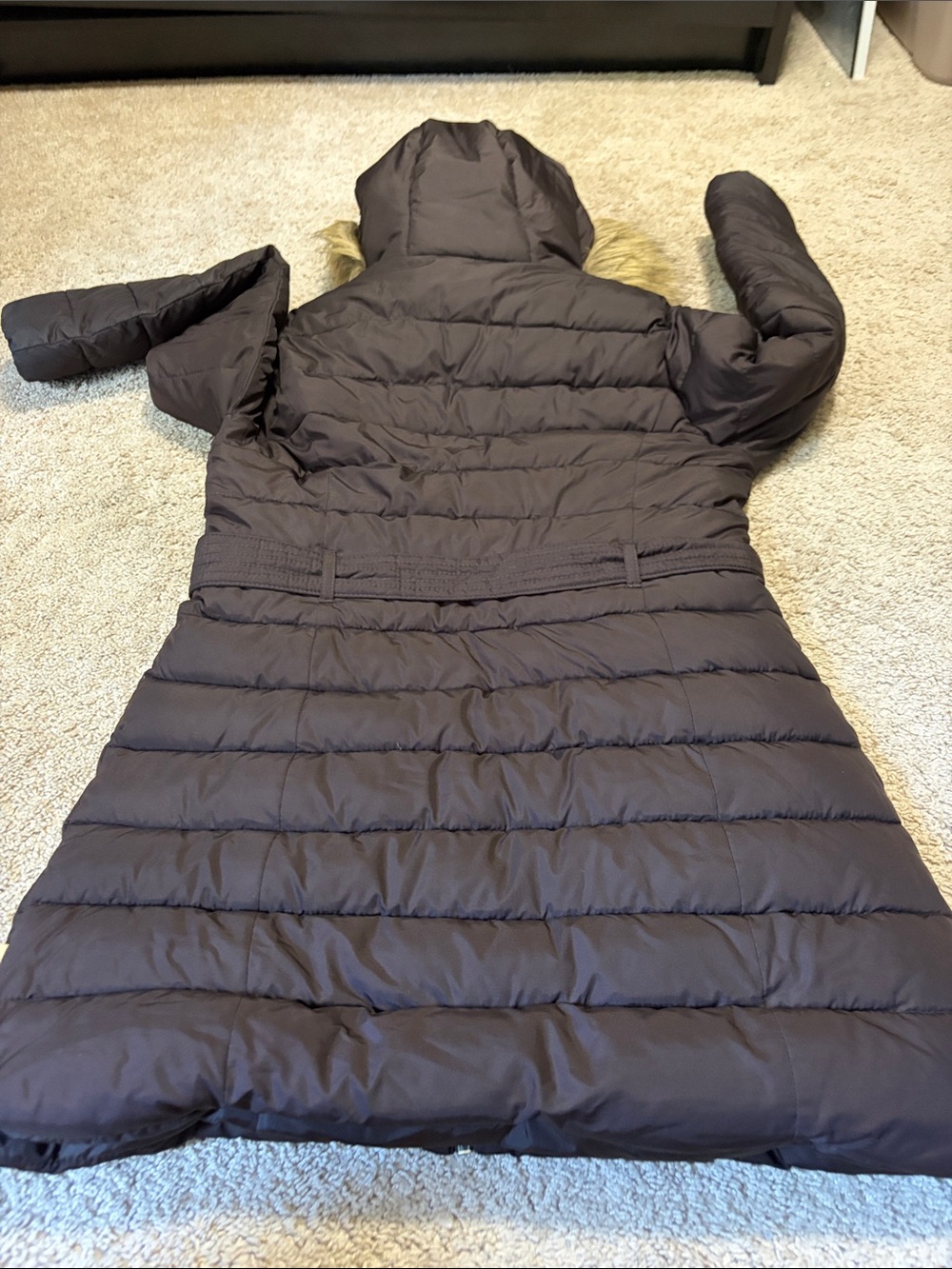 HOLLISTER Women's Faux Fur Trim Quilted Belted Parka Jacket Brown Large - Picture 8 of 8